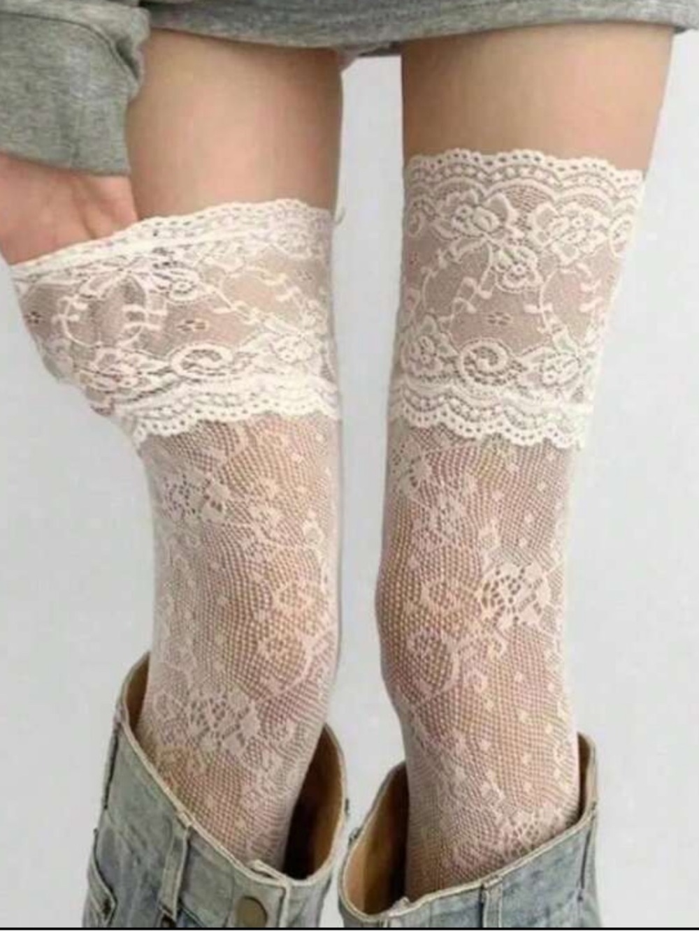 Lace Thigh High Stockings - White